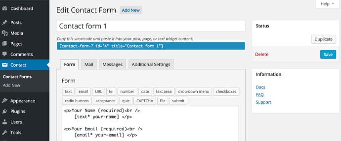créer un formulaire de contact WordPress