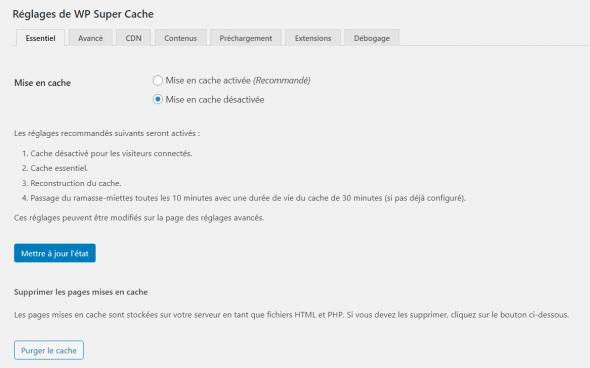 Réglages WP Super Cache 