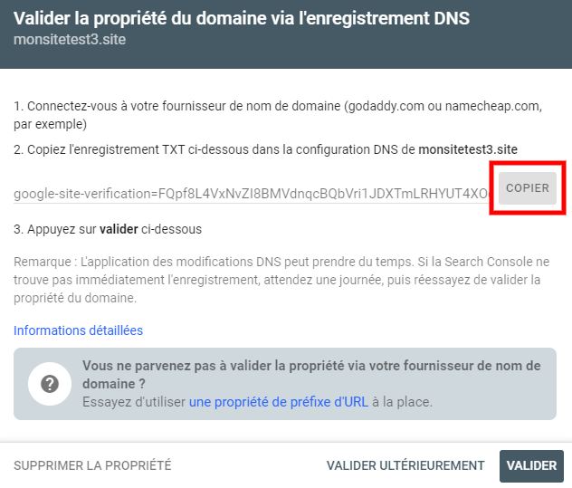 Google Search Console valider la propriété du domaine