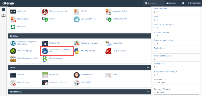 Choix de la version de PHP avec cPanel