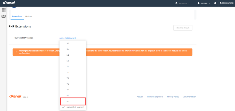 Choix de la version de PHP 8.1 cPanel