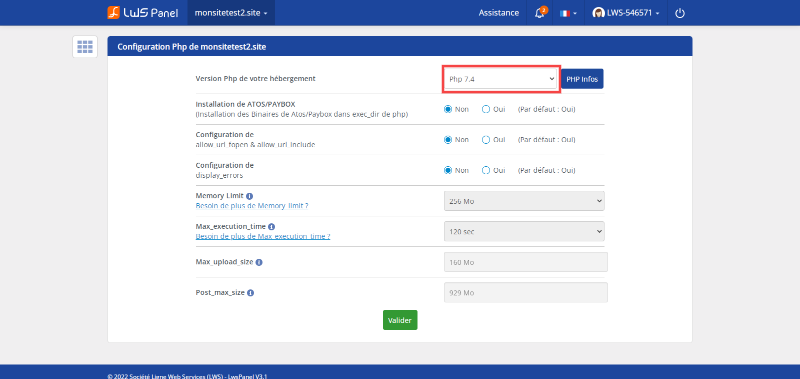 Choix de la version de PHP