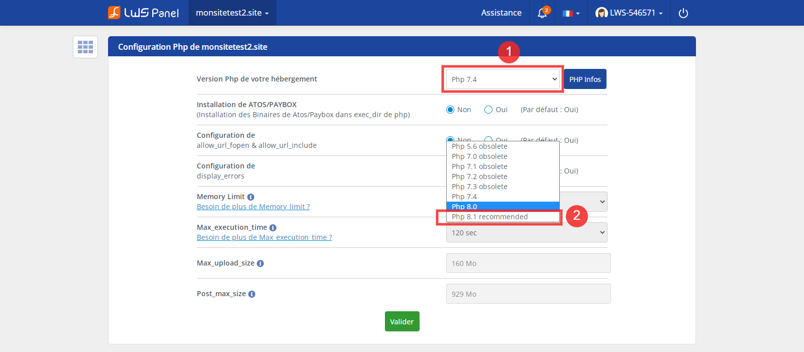 Choix de la version de PHP8.1