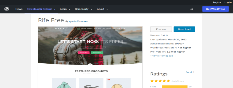 Thème WordPress e-commerce Rife Free