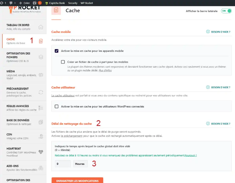 Interface de WP Rocket Interface du plugin de cache WordPress WP Rocket