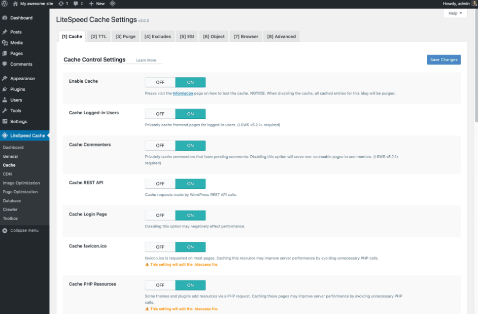 Interfacse de LiteSpeed Plugin de cache WordPress LiteSpeed : une interface assez complexe