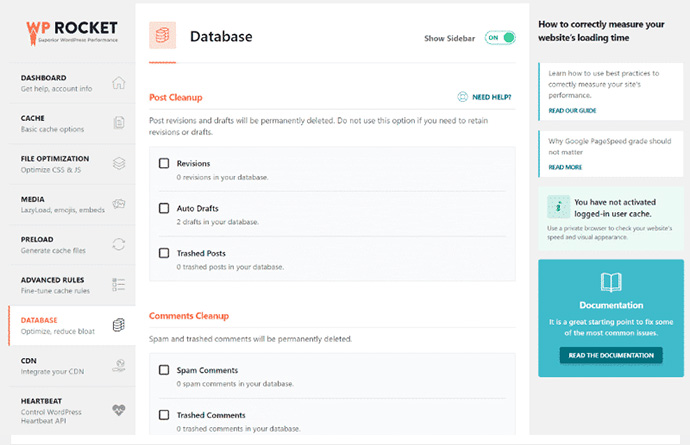 Interface de WP Rocket