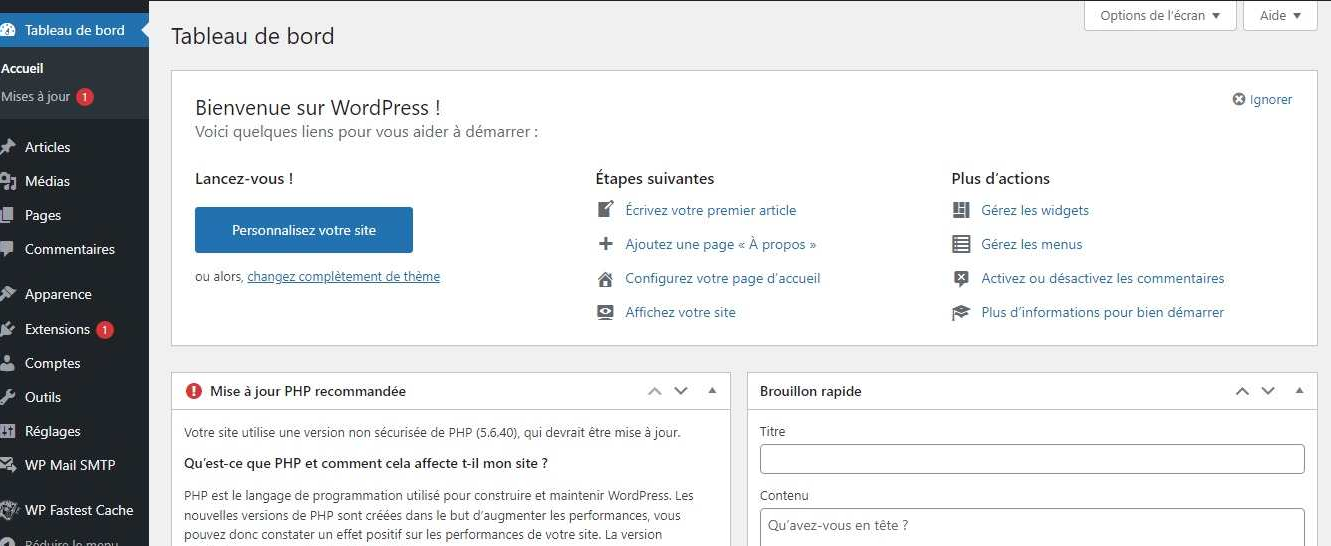 Tableau de bord WordPress